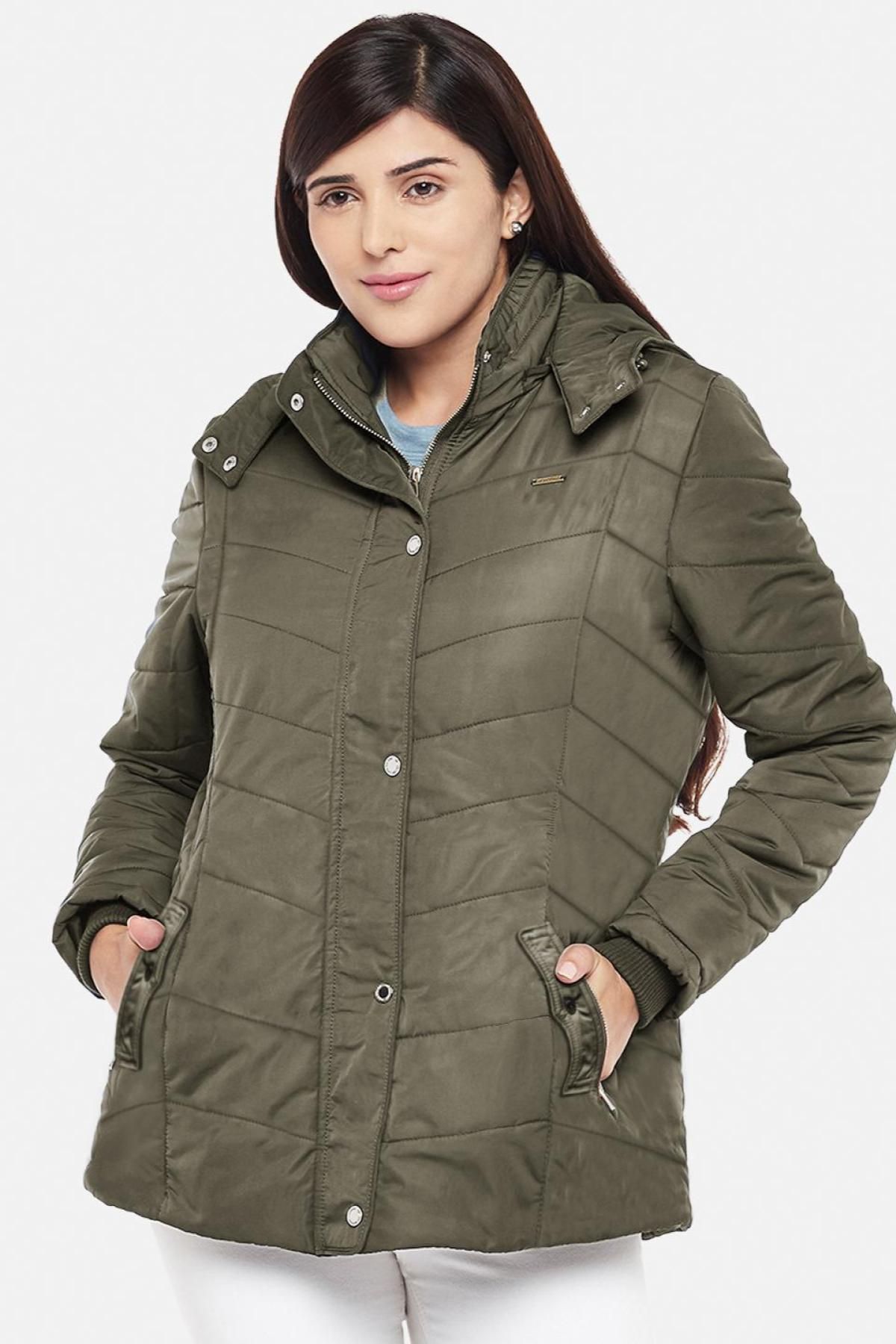 Olive Fleece Lined Puffer Jacket | Women